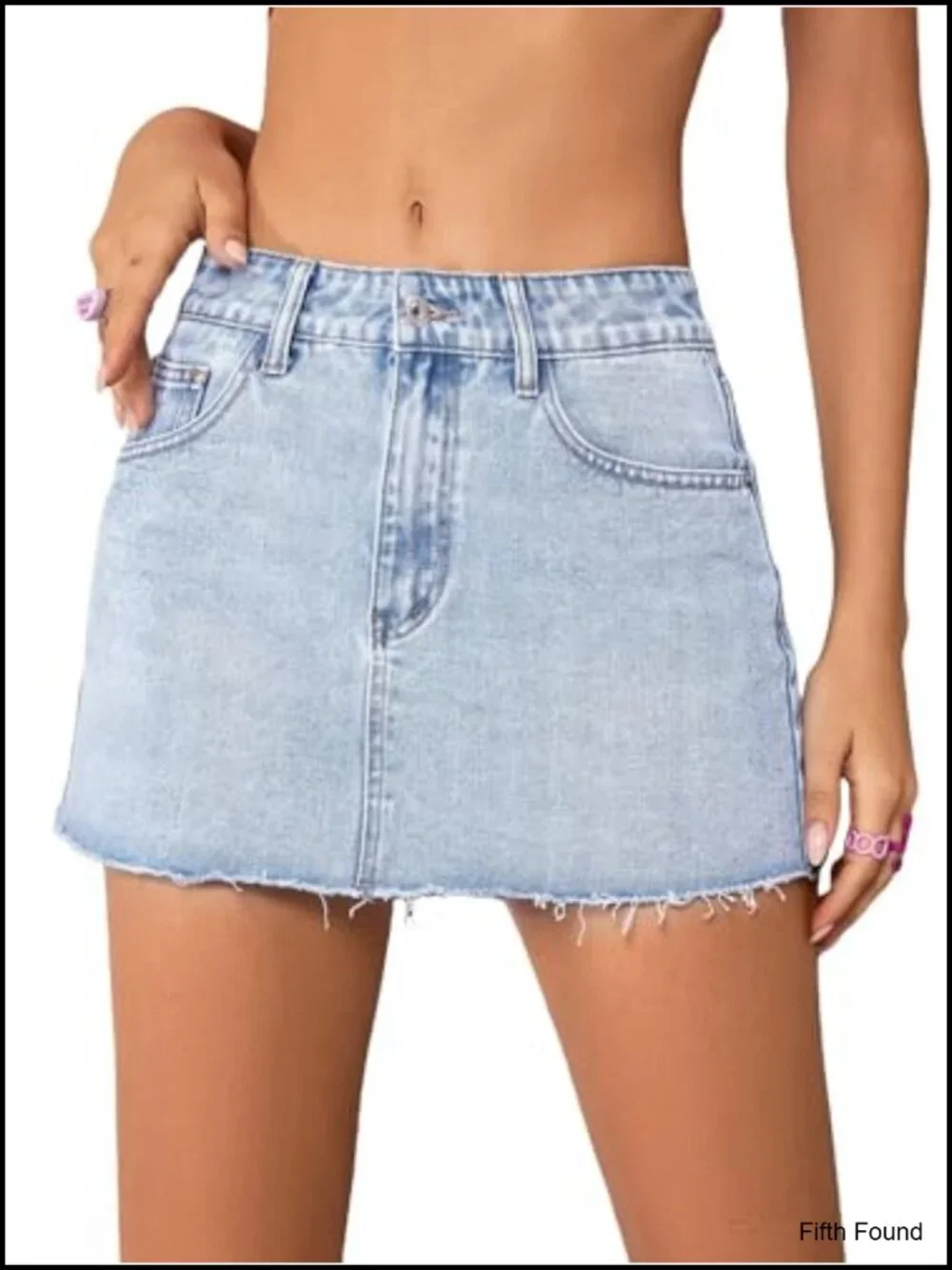Mid Rise Mini Denim Skirt Raw Hem 2 Side Pockets High Stretch